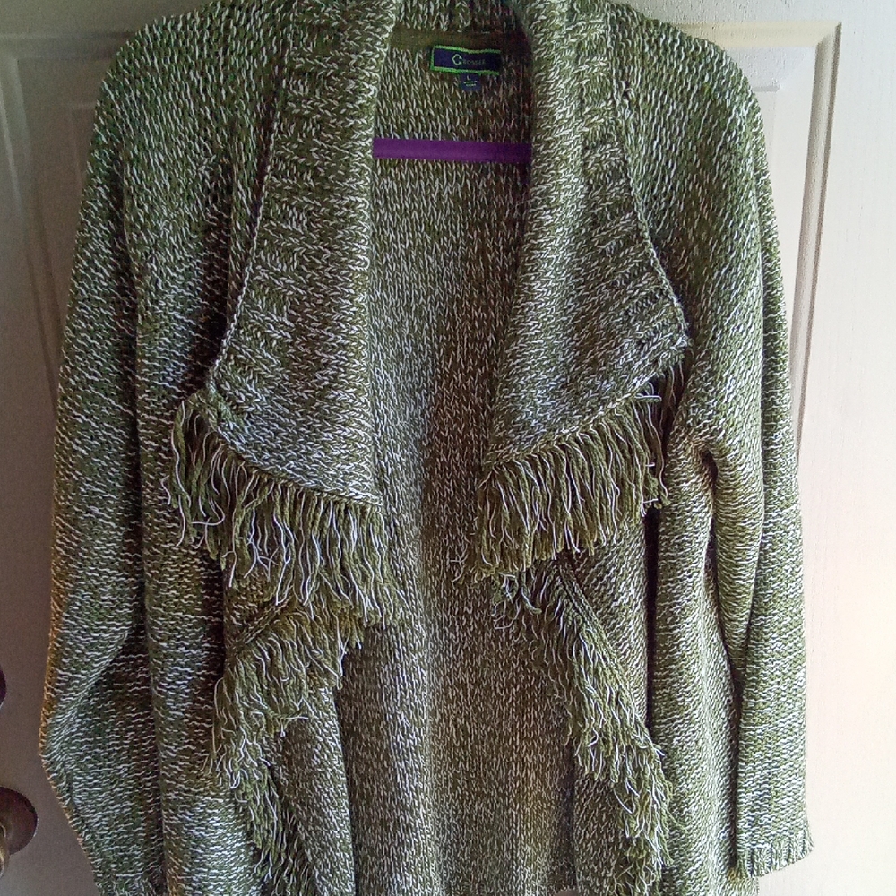 C Wonder Olive Fringe Sweater Coat, Large